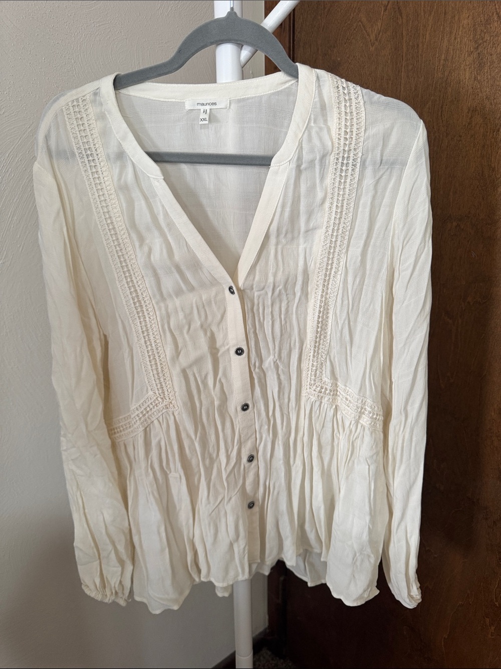Maurices Cream Lace-Trim Button Front Blouse